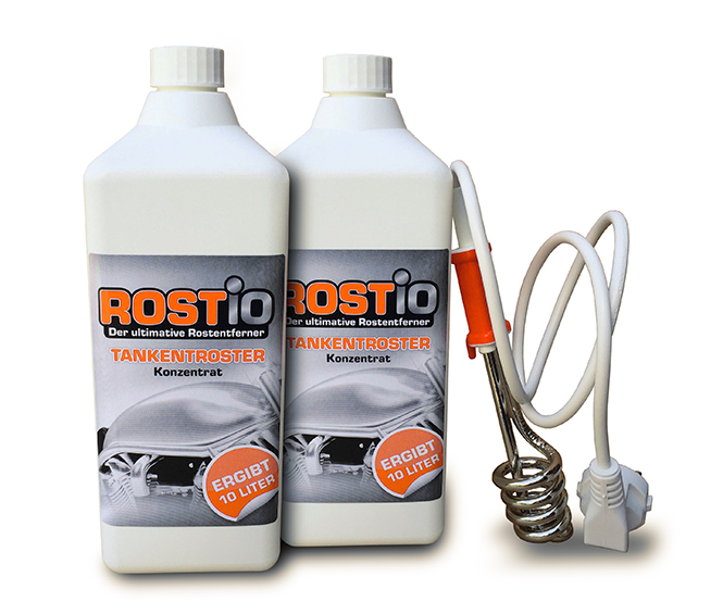 ROSTIO Tankentroster Set - 2 x 1 Liter Konzentrat mit Tauchsieder  ROSTIO  Rostumwandler & Rostentferner - Rost entfernen leicht gemacht